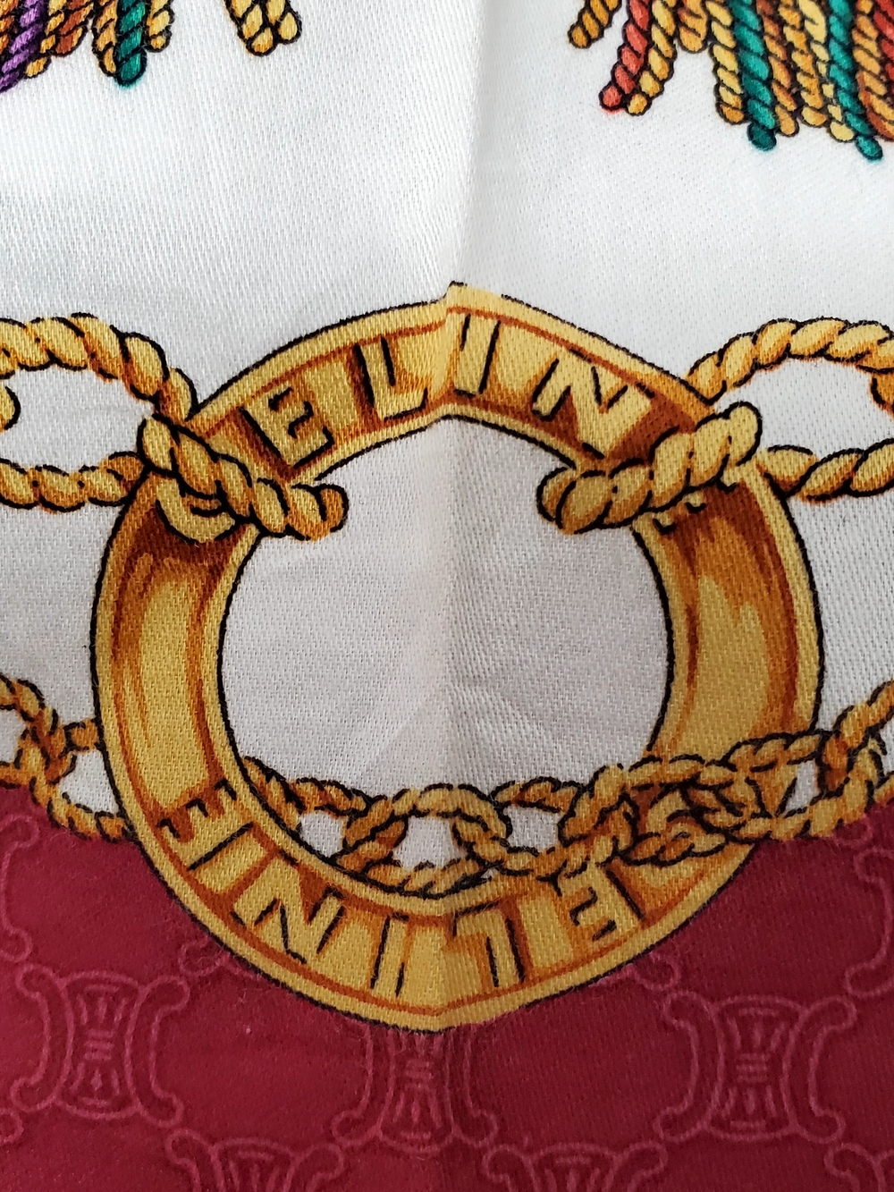 Celine White and Wine Red Silk Scarf with Gold Chain & Multicolor Tassels - Picture 3 of 6